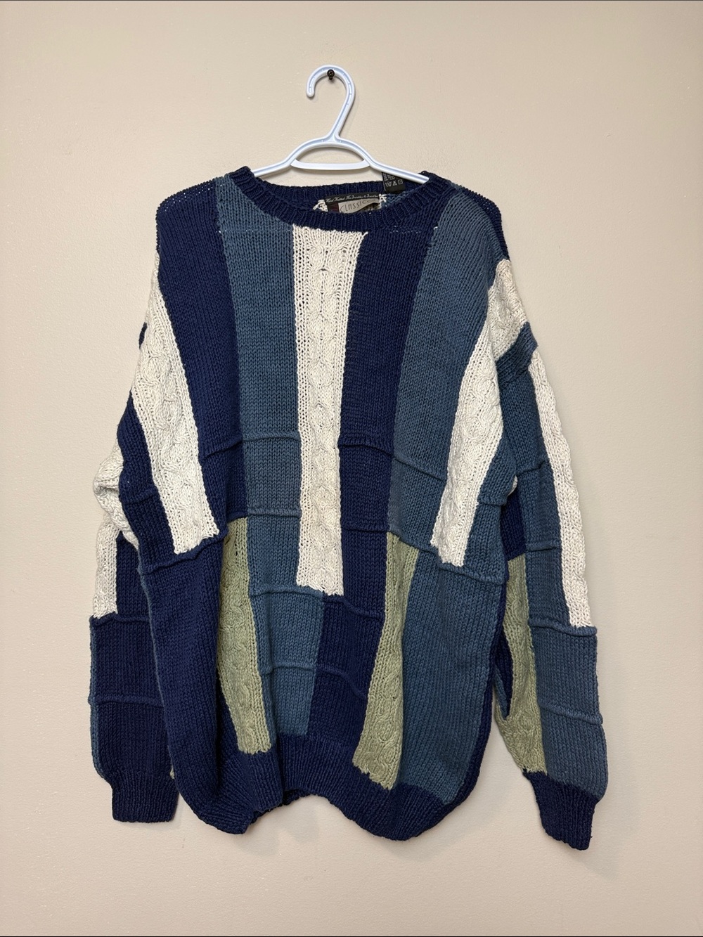 Hand Knitted Patchwork Cable Knit Sweater - Navy, Cream & Olive size XL